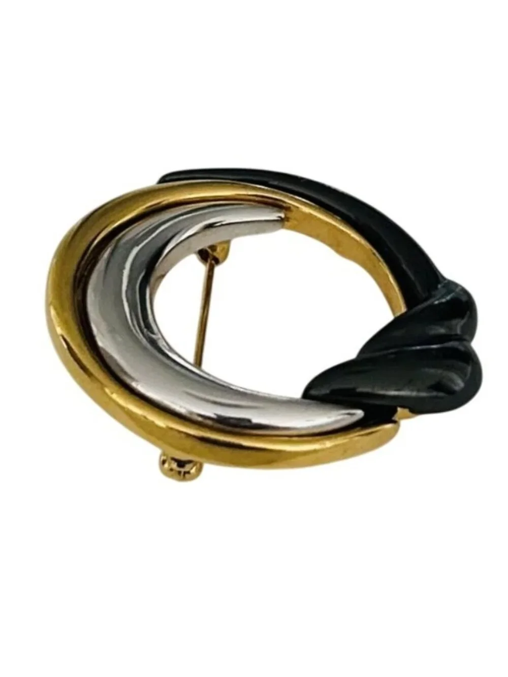 Vintage Monet Signed Modernist Tri-Tone Swirl Brooch Black Enamel Gold Silver